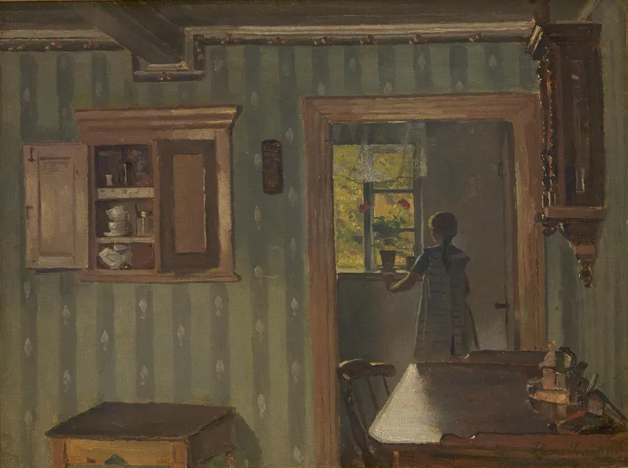 Interiør med en lille pige ved vinduet by Hans Smidth