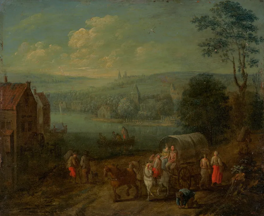 River Landscape with Villages and Travelers [verso] by Anonymous Artist