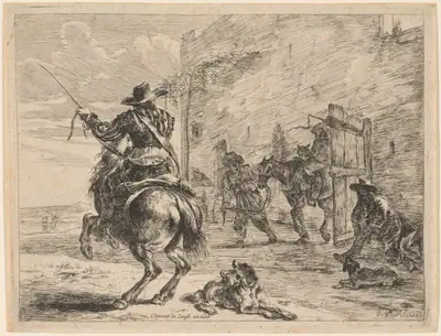 Rearing Horse near a Stable