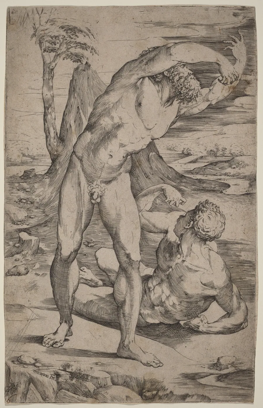 Two Male Nudes Gesturing in a Landscape by Domenico Beccafumi
