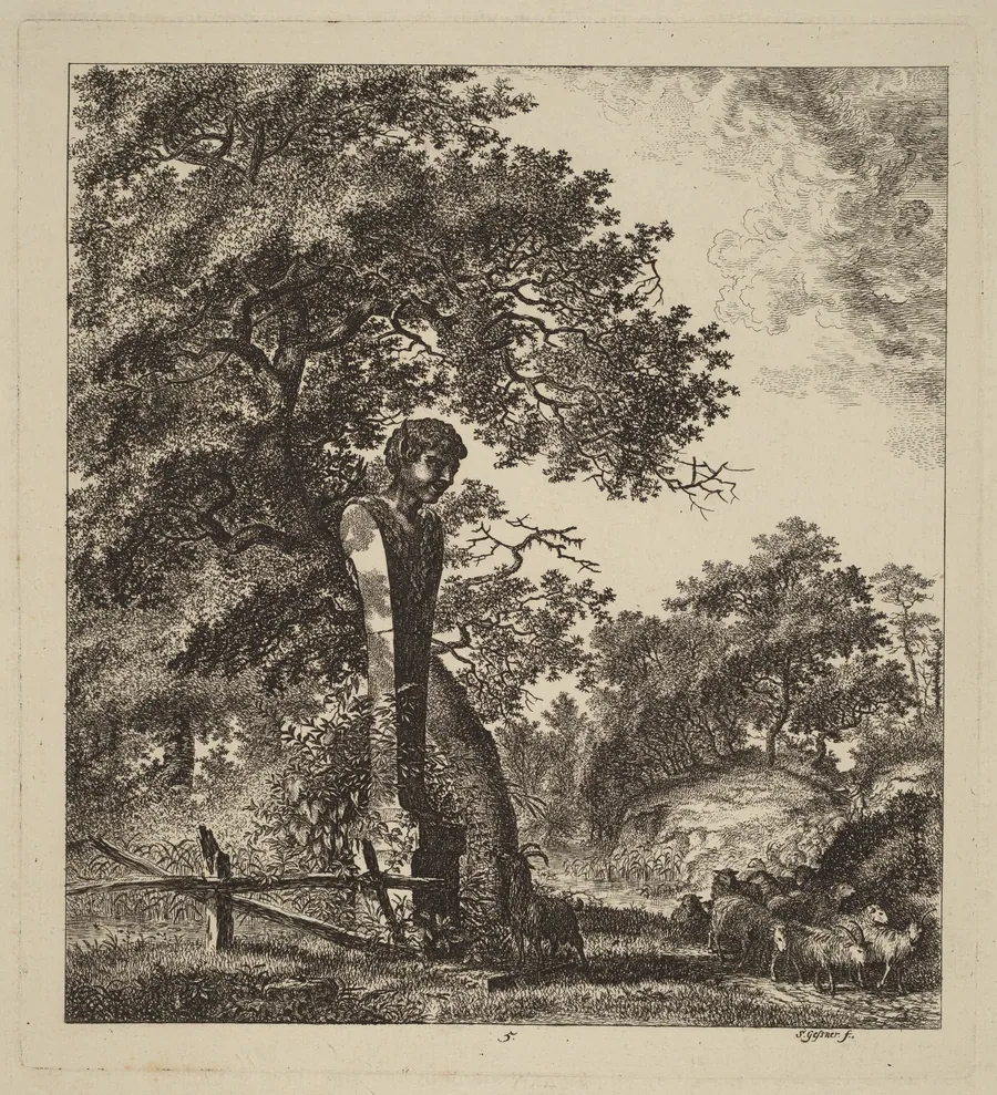 Wooded Landscape with a Herd of Goats and a Herm by Salomon Gessner