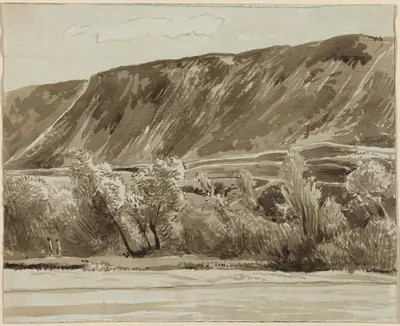 A River Bank with Mountains Beyond