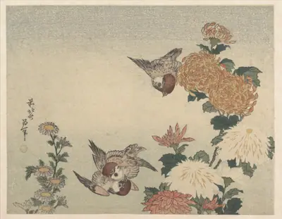 葛飾北斎画　菊に雀|Sparrows and Chrysanthemums
