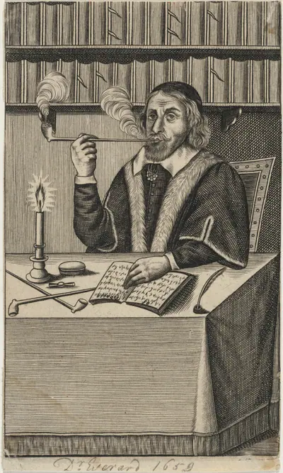Dr. Giles Everard Seated at a Table Smoking aPipe