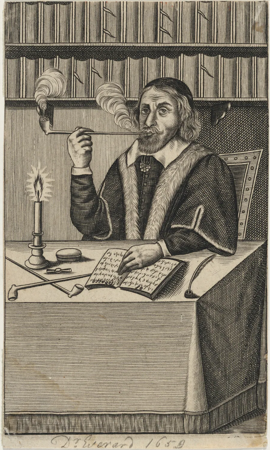 Dr. Giles Everard Seated at a Table Smoking aPipe by Unknown 19th Century