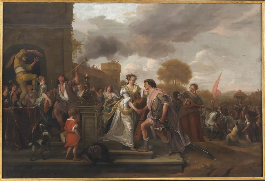 David hyldes efter sejren over Goliat og filistrene by Jan Steen