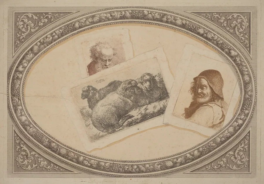 Trompe l'Oeil: Prints with Men and Sheep, Using Original Copperplates by Milanese 18th Century