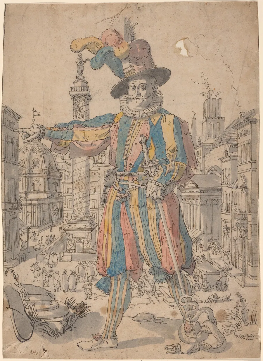 Giovanni Grosso of the Swiss Guards Standing before a View of Rome by Swiss 17th Century