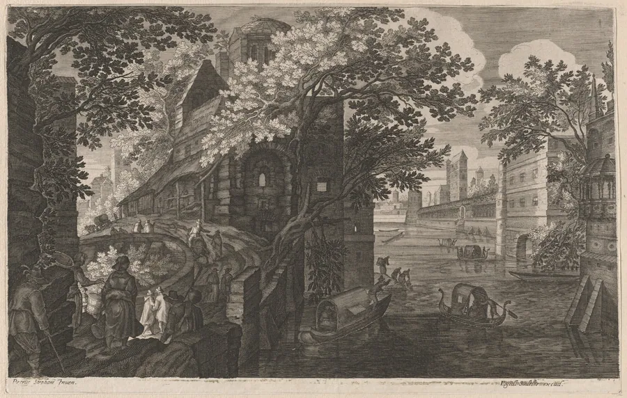 Gondolas on a River by a Palace by Aegidius Sadeler II