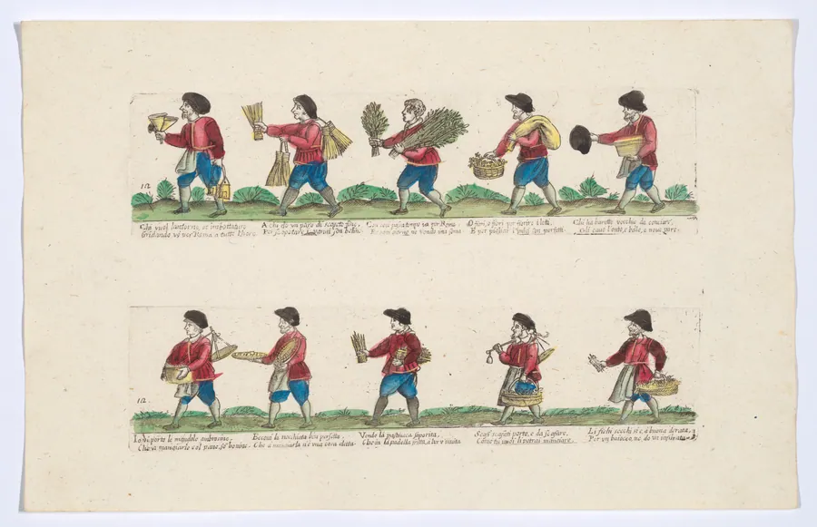 Plate 12 depicting the trades of Rome, here including vendors of lanterns, brooms, almonds, figs etc, from the 'Descrición de las artes que se llaman para los calles de la ciudad de Roma' by Remondini