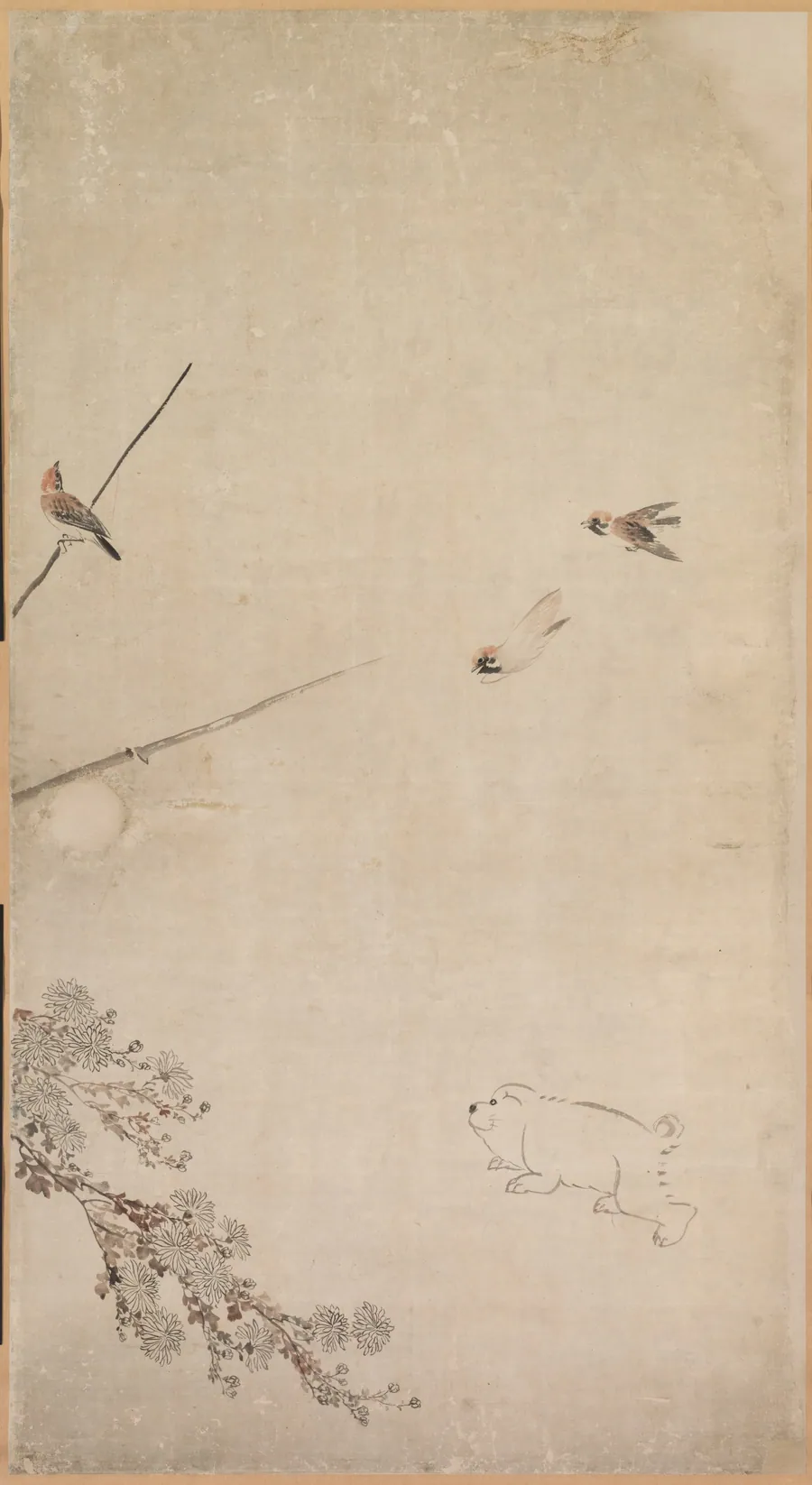 Puppies, Sparrows, and Chrysanthemums by Nagasawa Rosetsu