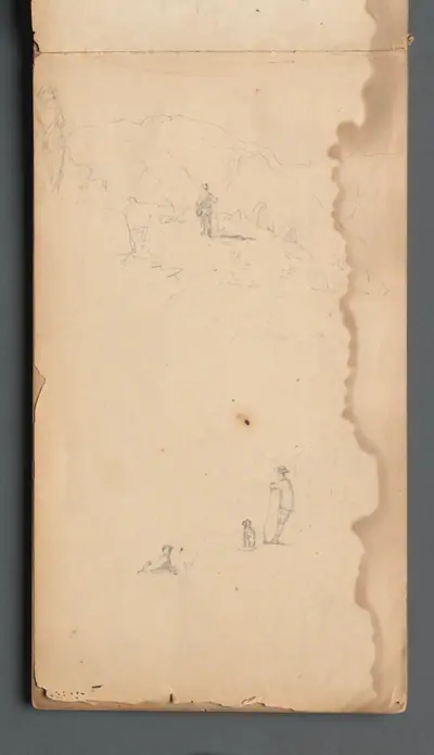 Sketchbook, page 02: Figure in a Landscape with Dog