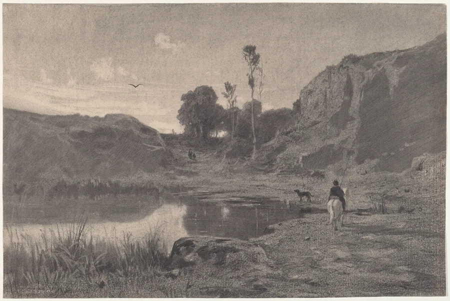 A Rider by a Mountain Pond at Sunset by Adolphe Appian