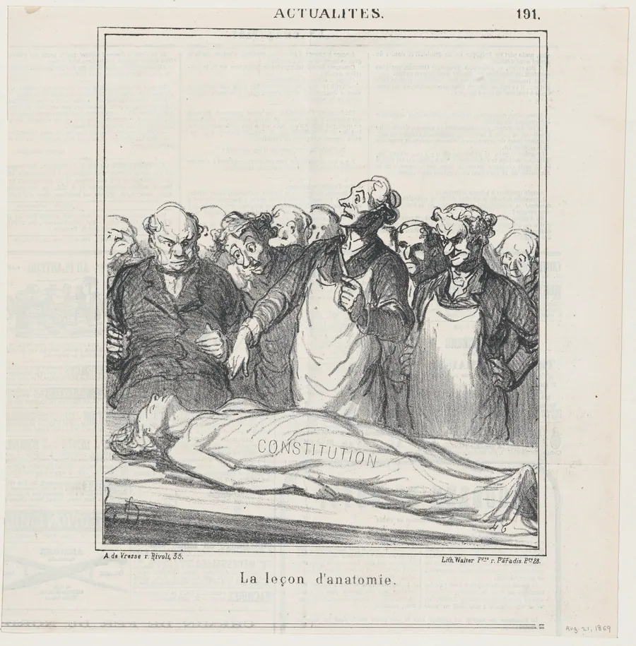 An anatomy lesson, from 'News of the day,' published in Le Charivari, August 21, 1869 by Walter Frères