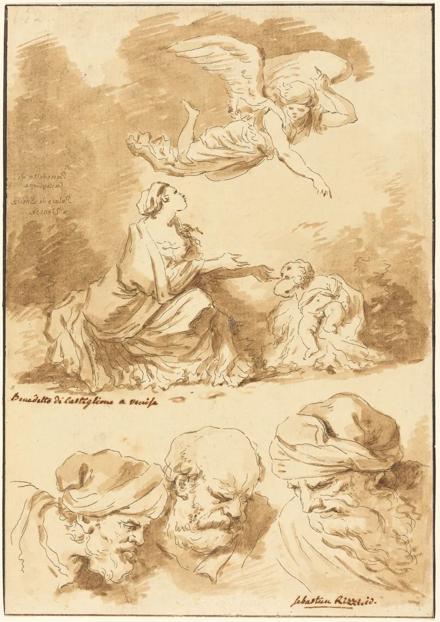 Hagar Consoled by an Angel (from a painting by Castiglione) and Three Heads of Old Men (from a painting by Ricci of Jesus and the Adultress) by Jean-Claude-Richard, Abbé de Saint-Non