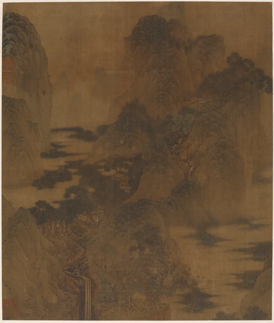 Landscape: mountain gorge, mist, a brook, and buildings by Zhang Hong (1577-after 1668)