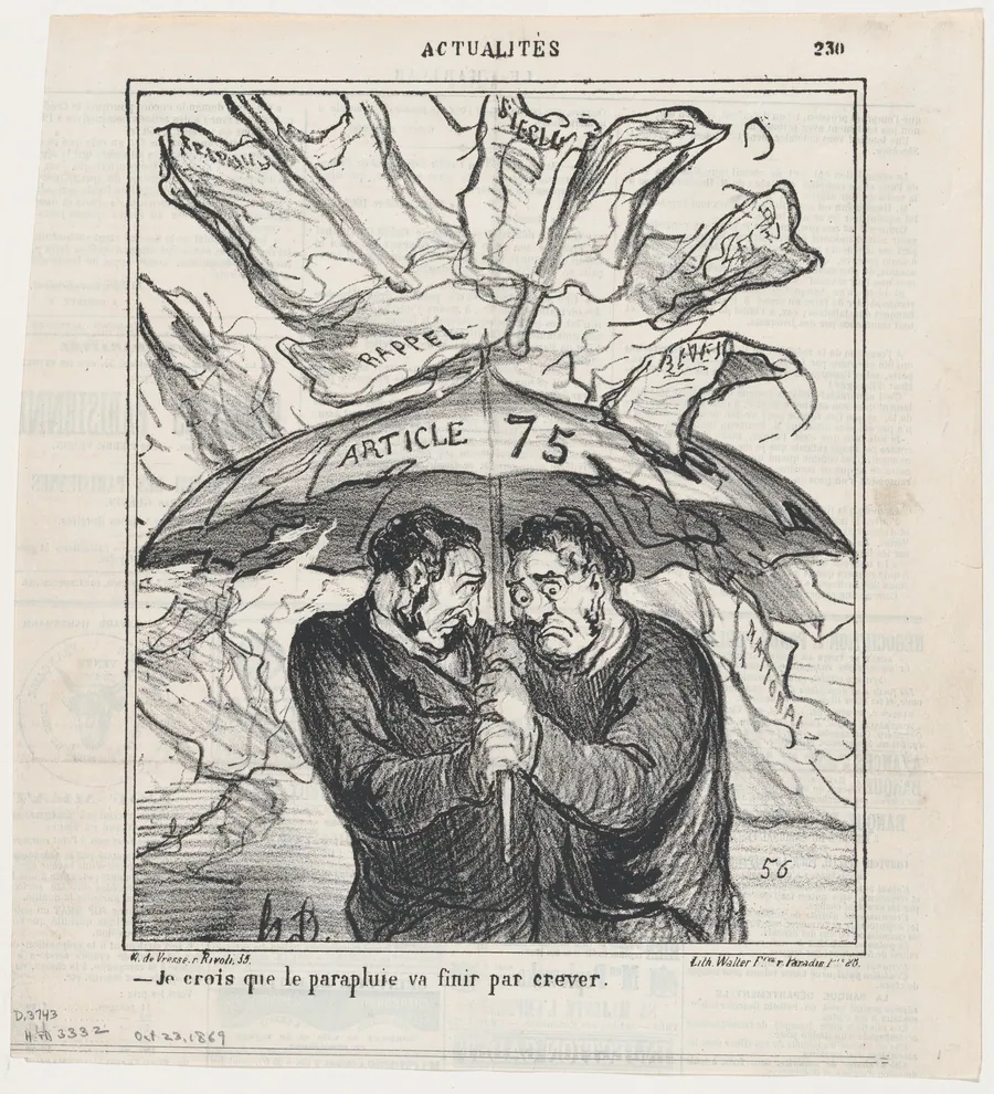 I think this umbrella is going to collapse pretty soon, from 'News of the day,' published in Le Charivari, October 23, 1869 by Honoré Daumier
