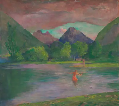 The Entrance to the Tautira River, Tahiti. Fisherman Spearing a Fish