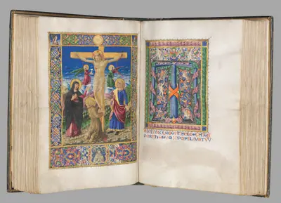 Missale: Fol. 185v: Crucifixion with borders (full page)