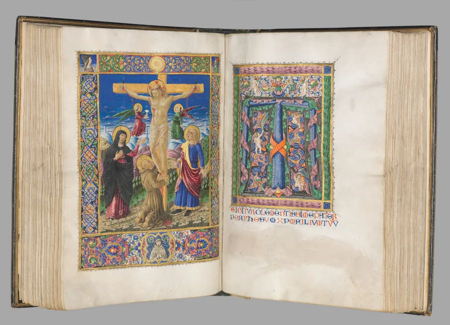 Missale: Fol. 185v: Crucifixion with borders  (full page) by Giapeco Caporali