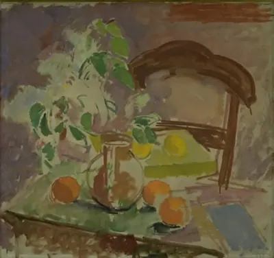 Nature morte med blommor, frukter och stolsrygg