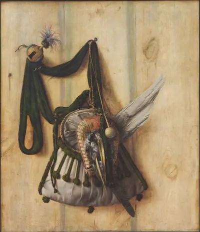 Trompe l'oeil med falkonértaske og andet udstyr til falkejagt