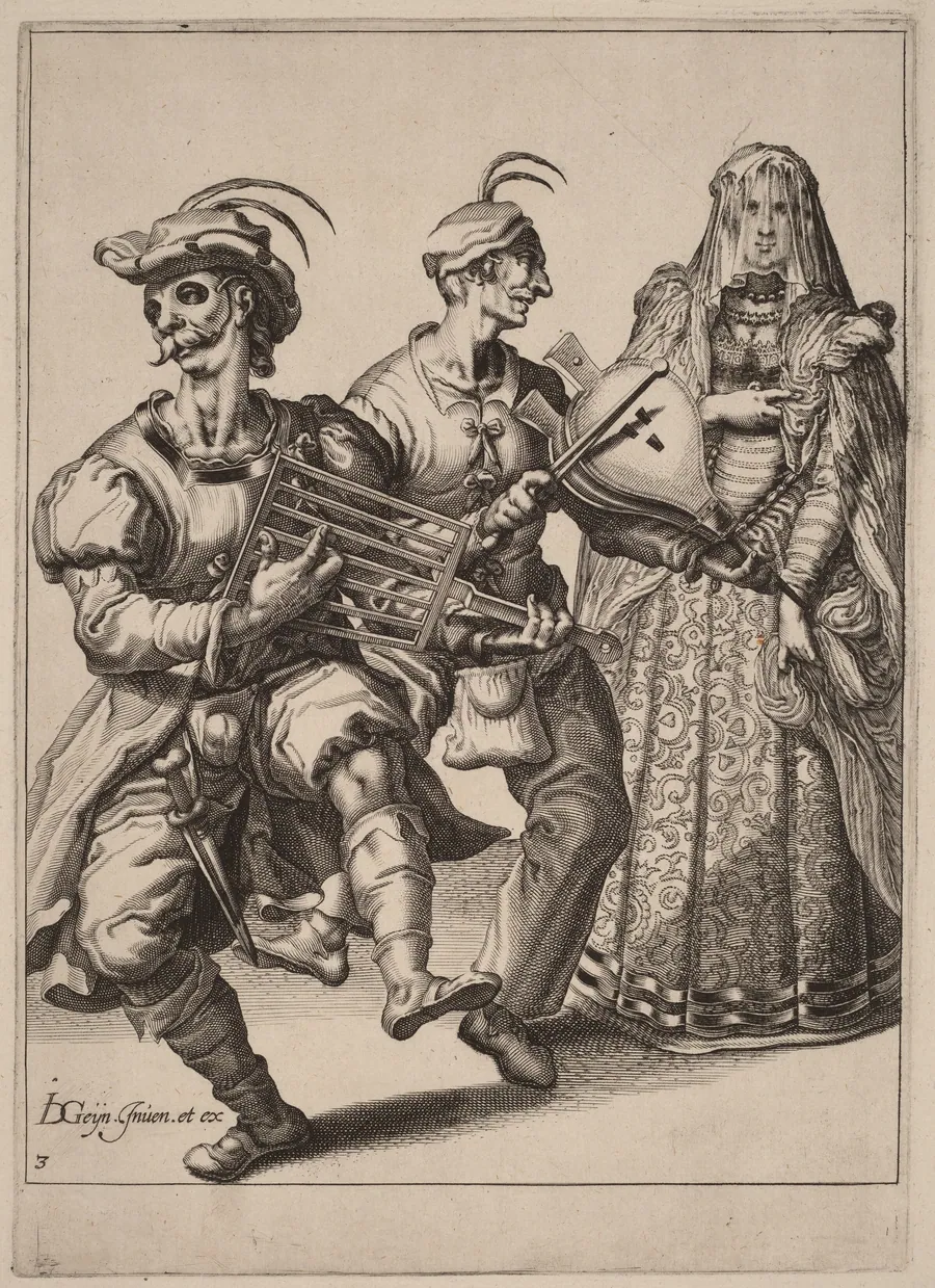 A Veiled Woman with Two Musicians Playing a Gridiron and a Bellows by Zacharias Dolendo