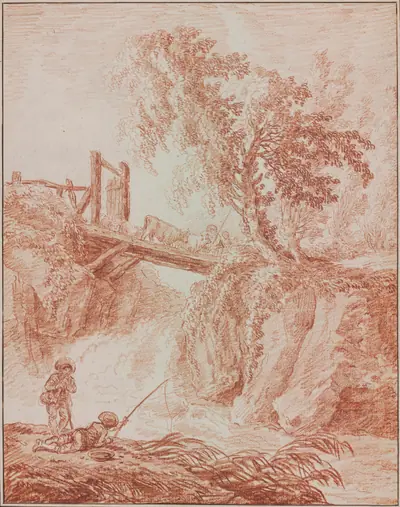 Herdsmen Crossing a Waterfall