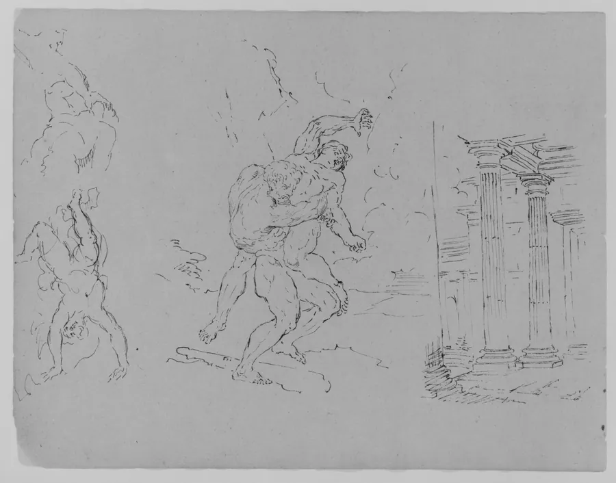 Hercules and Antoneus; Fall of Phaetor (Icarus?); Classical Architecture; Sacrifice of Isaac [?] (after Rembrandt?) (from Sketchbook) by Thomas Sully
