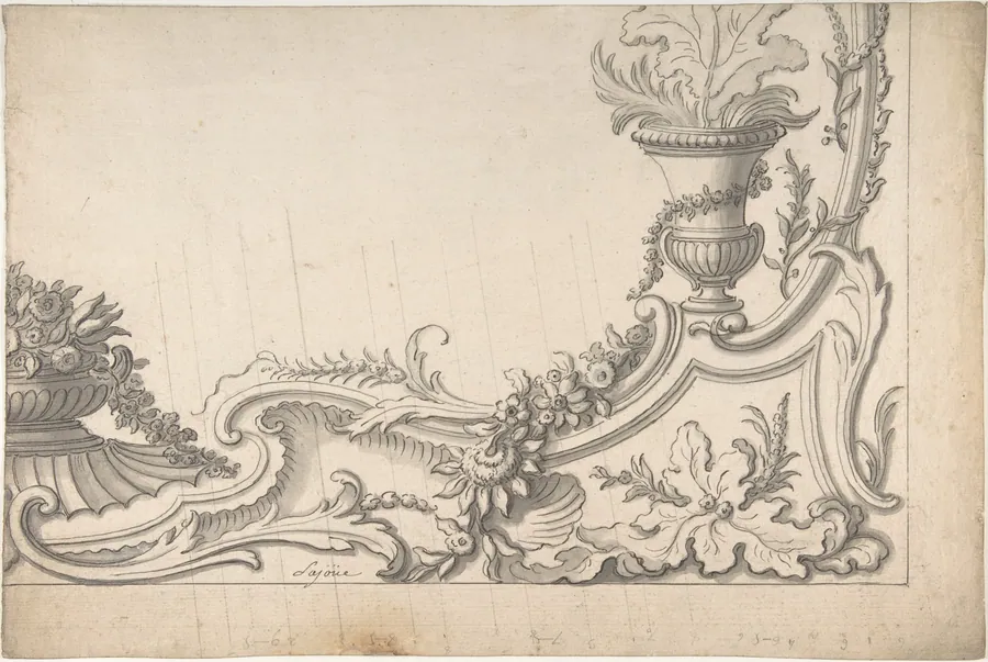 Design for the Corner of a Decoration (recto); Sketch of Monumental Building with Four Temple-Front Entrances (verso) by Jacques de Lajoüe