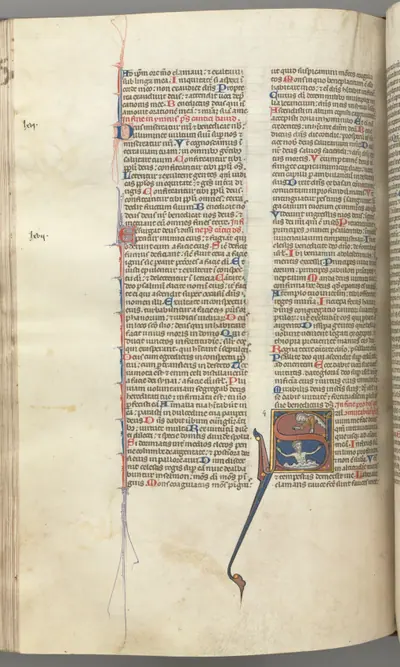Fol. 224v, Psalm 68, historiated initial S, David in the water appealing to God above