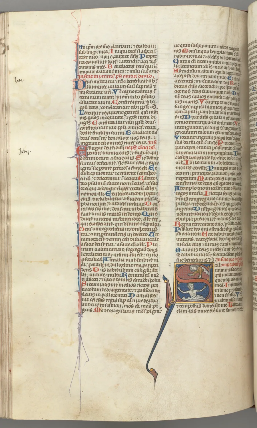 Fol. 224v, Psalm 68, historiated initial S, David in the water appealing to God above
