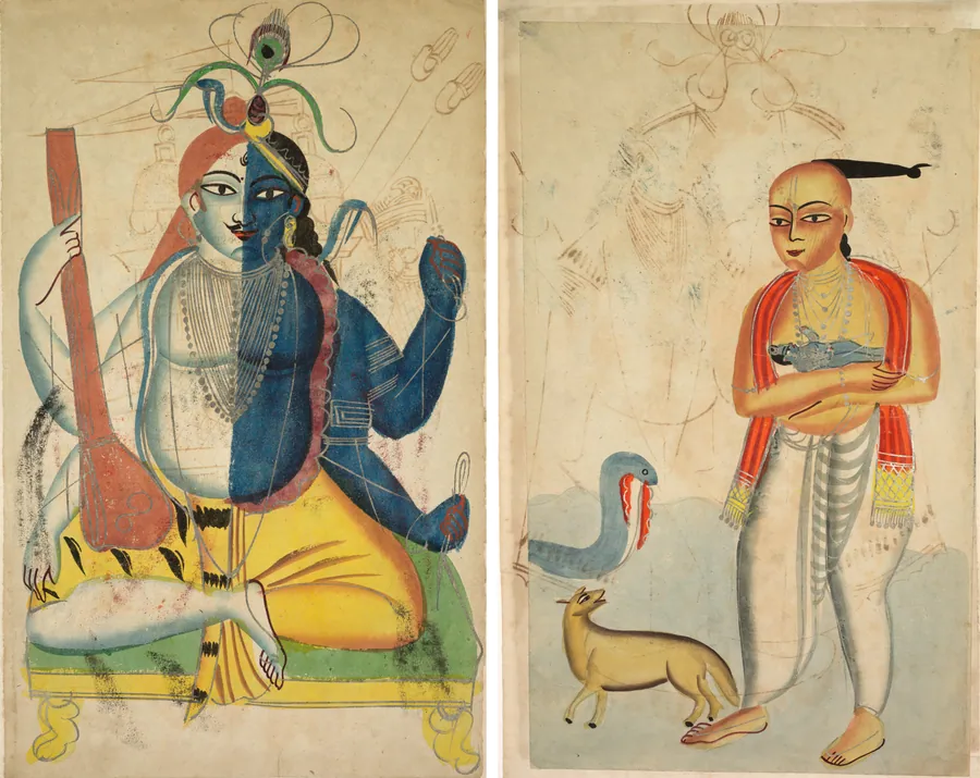 Leaf from a Kalighat album: Hari-Hara (recto); Vasudeva (Krishna's Father) Fleeing with Krishna Encounters a Cobra and a Jackal (verso)