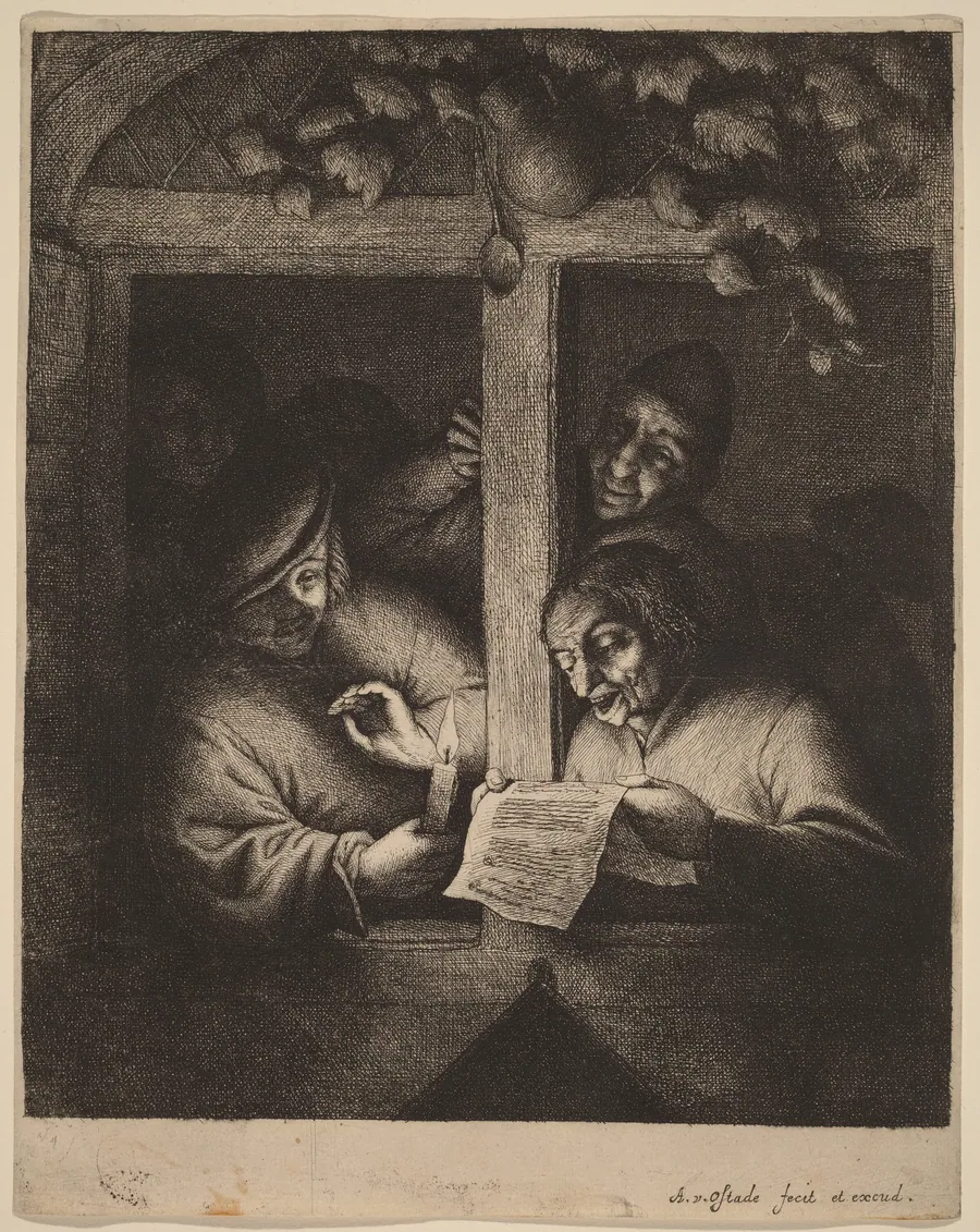 Four Men at a Window, One Reading from a Sheet by Candlelight by Adriaen van Ostade
