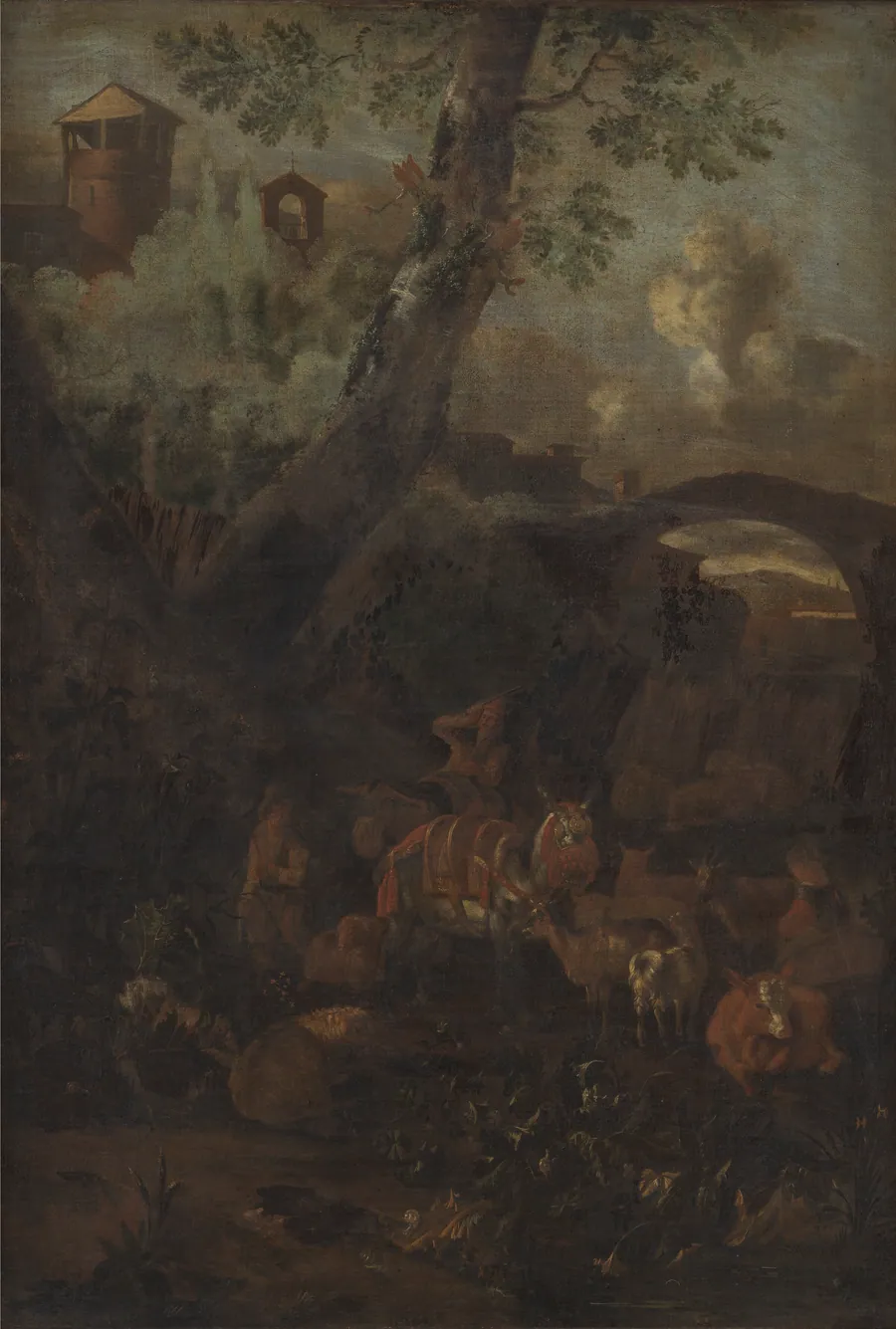 Landskab med muldyr og geder by Monogrammist I.L.