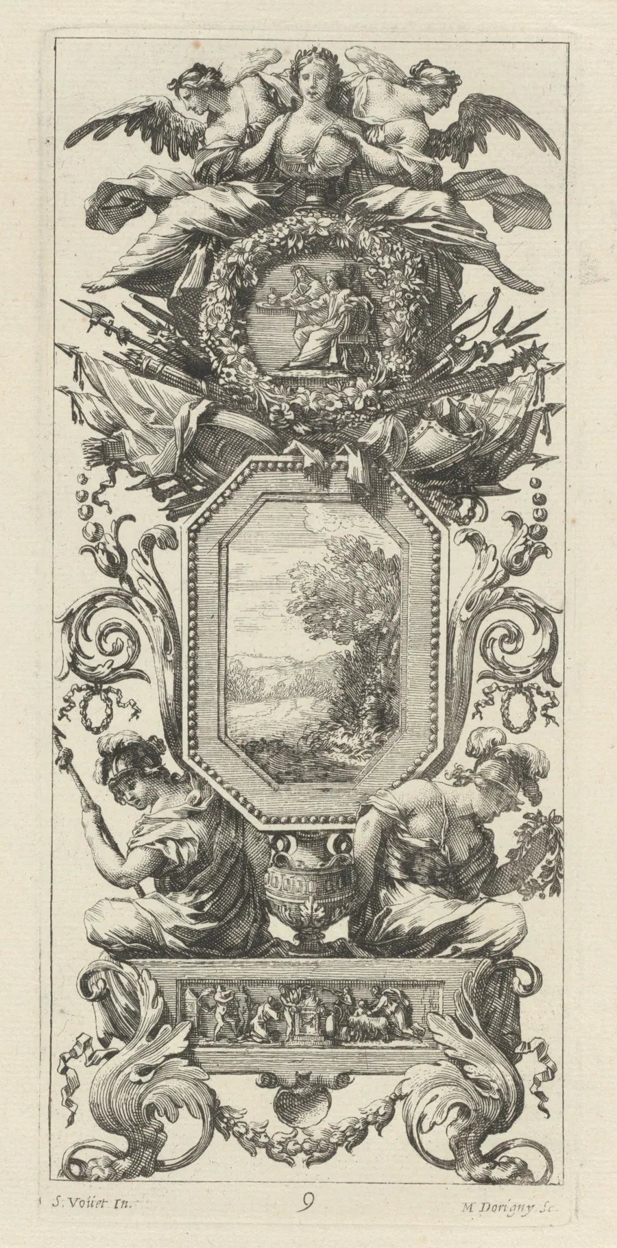 Ornamental Panel Surmounted with Two Figures Leaning on the Bust of a Woman by Michel Dorigny
