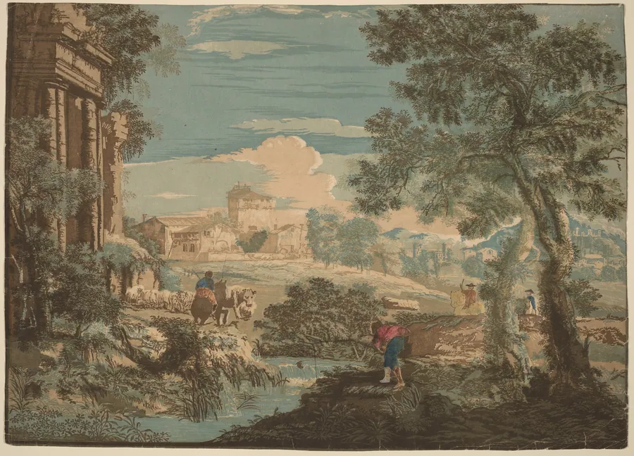 Heroic Landscape with Fisherman, Cows, and Horsemen by John Baptist Jackson