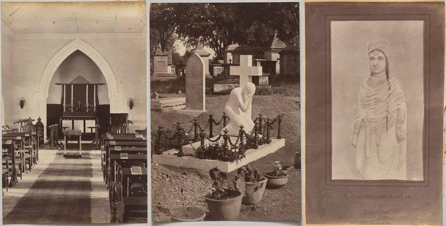 Interior of Church, Neemuch (recto, right); Grave of Dr. Falwasser, Neemuch (recto, left); Indian Lady 250 BC (verso, right) by Raja Deen Dayal
