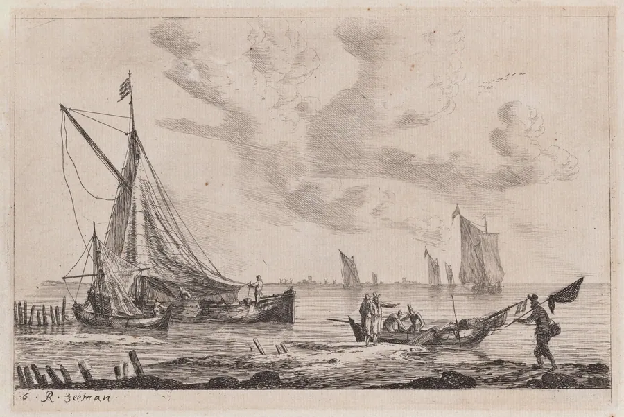 Shore of Inland Waterway with a Ketch, Two Smaller Boats, and Fisherman by Reinier Nooms, called Zeeman