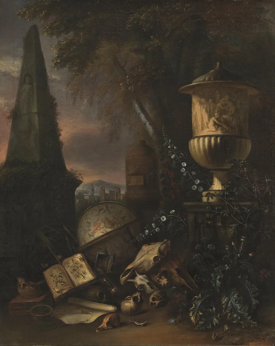 Vanitas. Stilleben i et landskab by Matthias Withoos