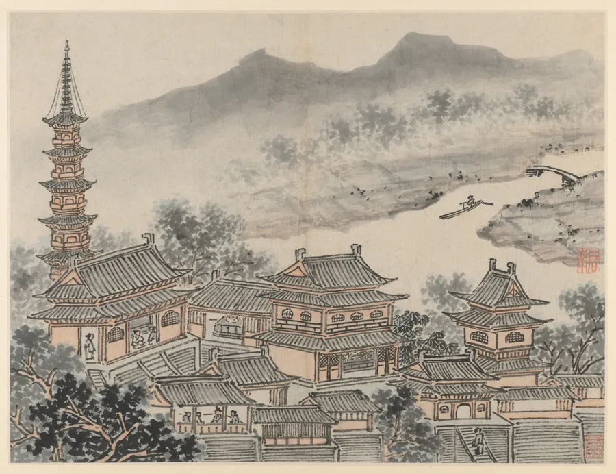 The Thousand Buddha Hall and the Pagoda of the "Cloudy Cliff" Monastery, from Twelve Views of Tiger Hill, Suzhou by Shen Zhou