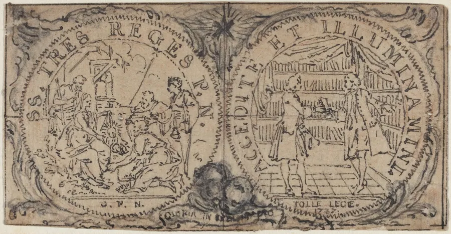 Ornamental Medallions with the Adoration of the Magi and Two Bibliophiles by Hubert François Gravelot