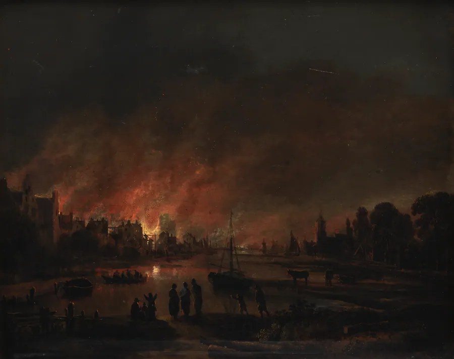 Natlig ildebrand i en landsby by Aert van der Neer