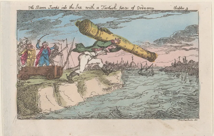 The Baron Jumps into the Sea with a Turkish piece of Ordnance by Thomas Rowlandson