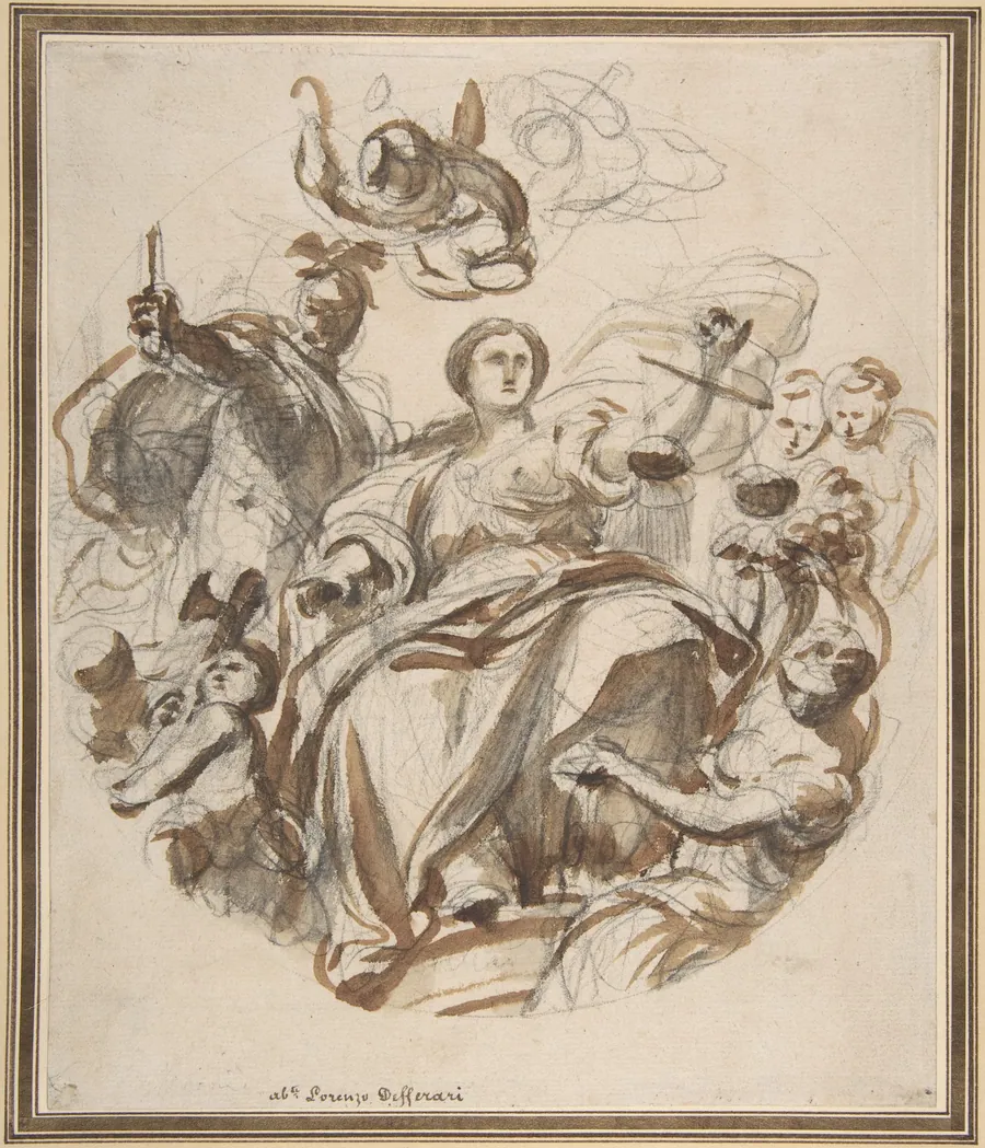 Study of Justice Dispensing Rewards to the Arts (recto); Study of a Lunette and Spandrel (verso) by Lorenzo de' Ferrari