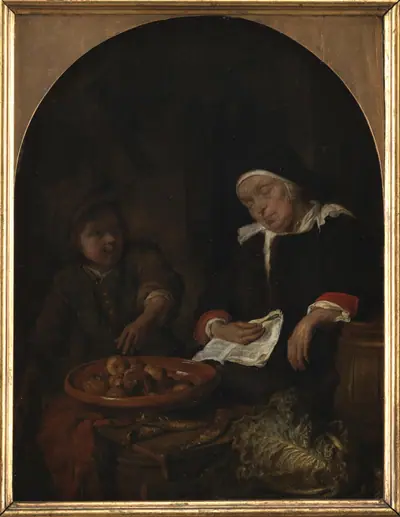 En kone, der sælger frugt og sild