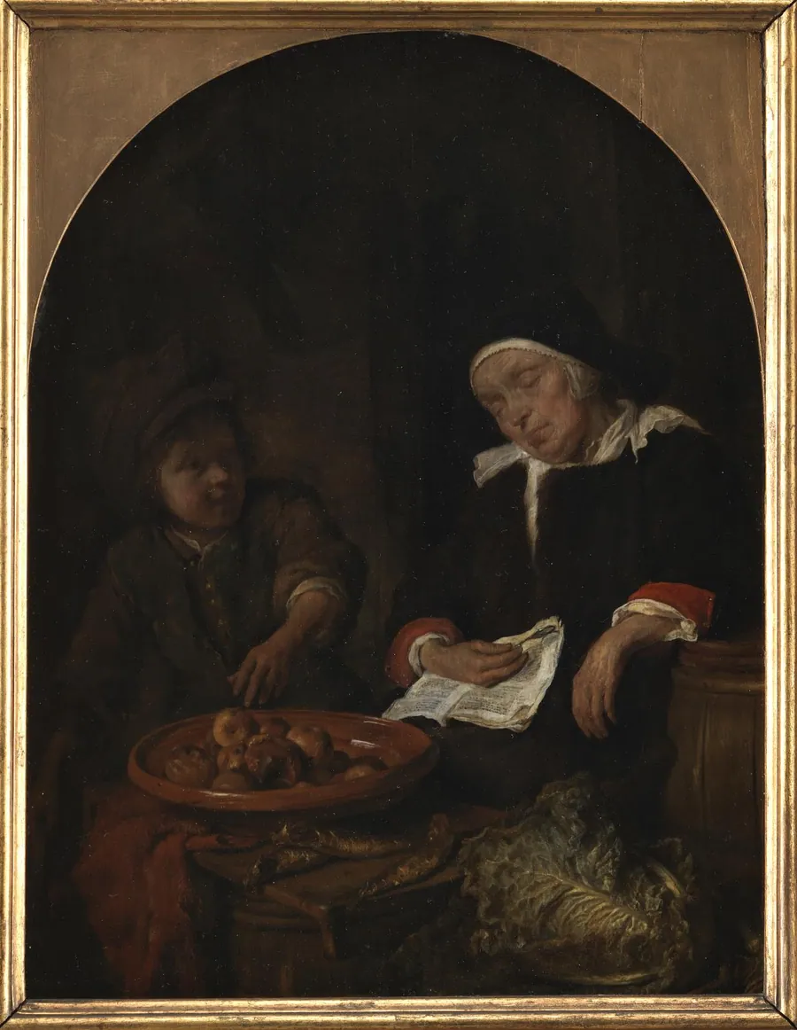 En kone, der sælger frugt og sild by Gabriël Metsu