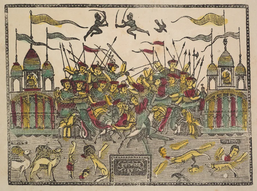 Battle Scene at Kurukshetra from the Mahabharata War (verso), from a Kalighat album by Shri Gobinda Chandra Roy