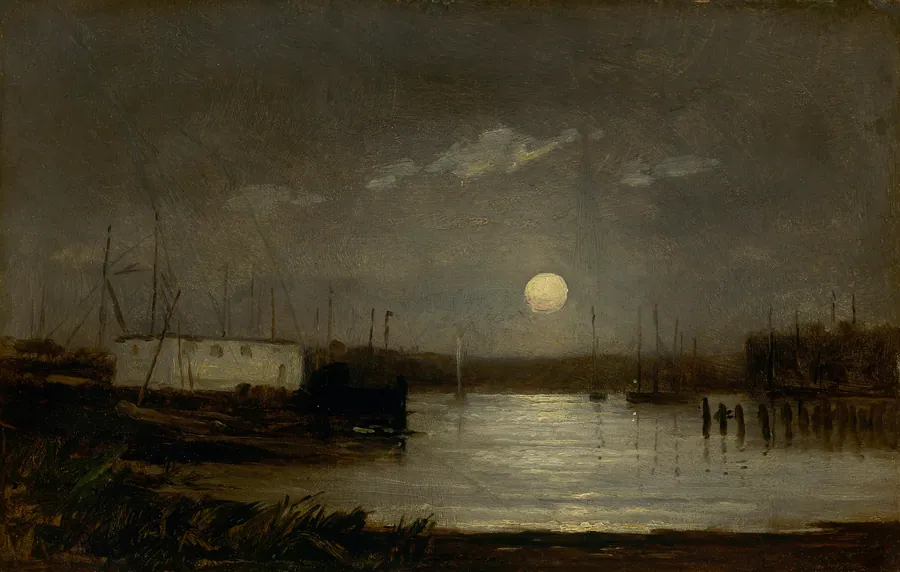 Untitled (moon over a harbor, wharf scene with full moon and masts of boats) by Edward Mitchell Bannister, born St. Andrews, New Brunswick, Canada 1828-died Providence, RI 1901