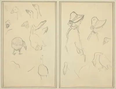 Geese; Girls in Bonnets, Geese [recto]